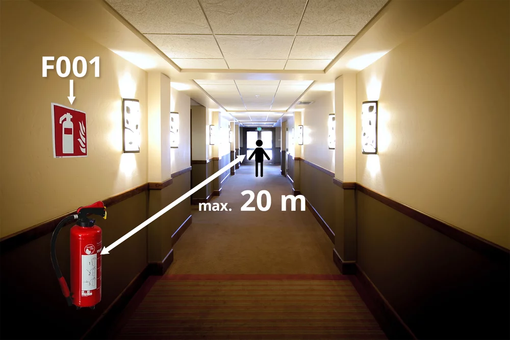 Abb. 2: Brandschutzzeichen "F001" über Feuerlöscher; Entfernung zum nächsten Feuerlöscher maximal 20 m Laufweglänge