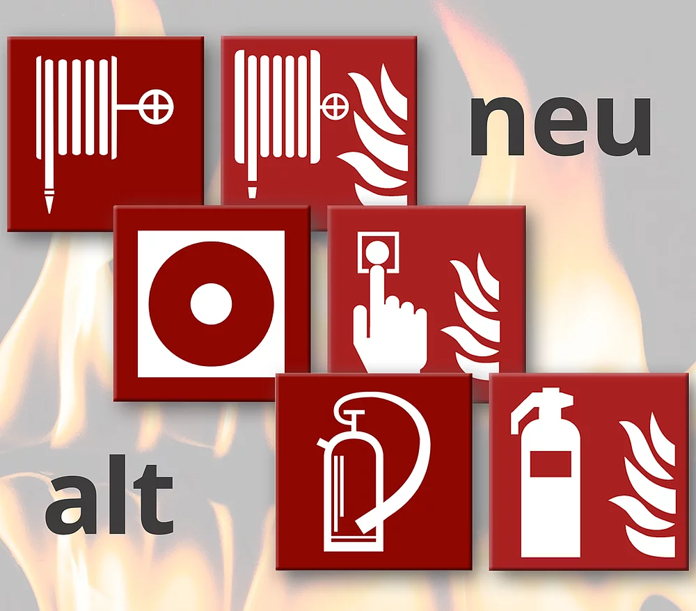 Beispiele Brandschutzkennzeichen alt (links) und neu (rechts, mit Flammensymbol)