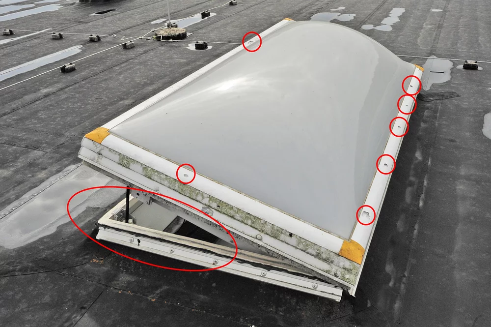 Beschädigter Rauch- und Wärmeabzug / Lichtkuppel mit fehlendem Durchsturzschutz