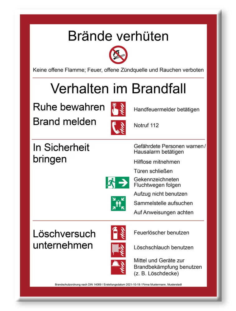 Beispiel einer Brandschutzordnung Teil A, Verhalten im Brandfall. Neben den richtigen Löschtechniken zur Rettung von Menschen, Tieren und Geäuden ebenso wichtig