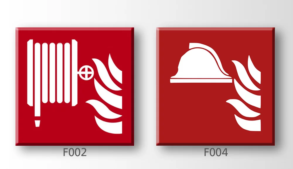 links: Brandschutzzeichen F002(Wandhydrant / Löschschlauf), rechts: Brandschutzzeichen F004 (Mittel und Geräte zur Brandbekämpfung)